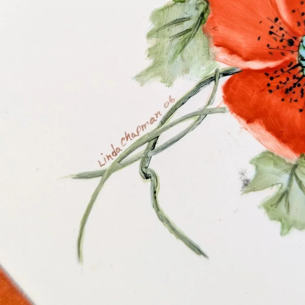 Vintage 2006 Linda Chapman Orange Floral Poppy Ceramic Wood Kitchen Trivet